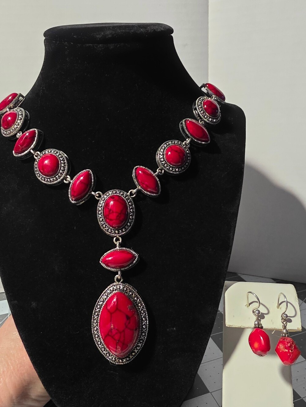 Bold Red Stone Statement Necklace and Earring Set
